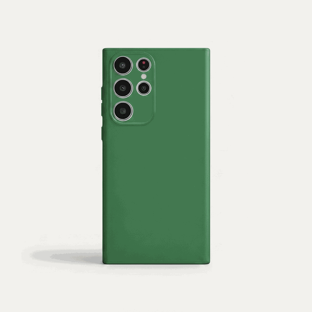 Samsung Galaxy phone case in solid forest green with a smooth matte finish and raised camera surround