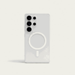 Samsung Galaxy case in translucent frosted white with a magnetic charging ring and raised multi-lens camera surround