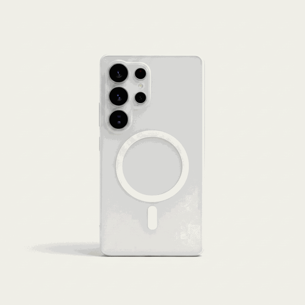 Samsung Galaxy case in translucent frosted white with a magnetic charging ring and raised multi-lens camera surround