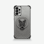 Samsung Galaxy - Glitter Butterfly Case in clear smoky gray with fine glitter, a black butterfly ring stand and reinforced corners