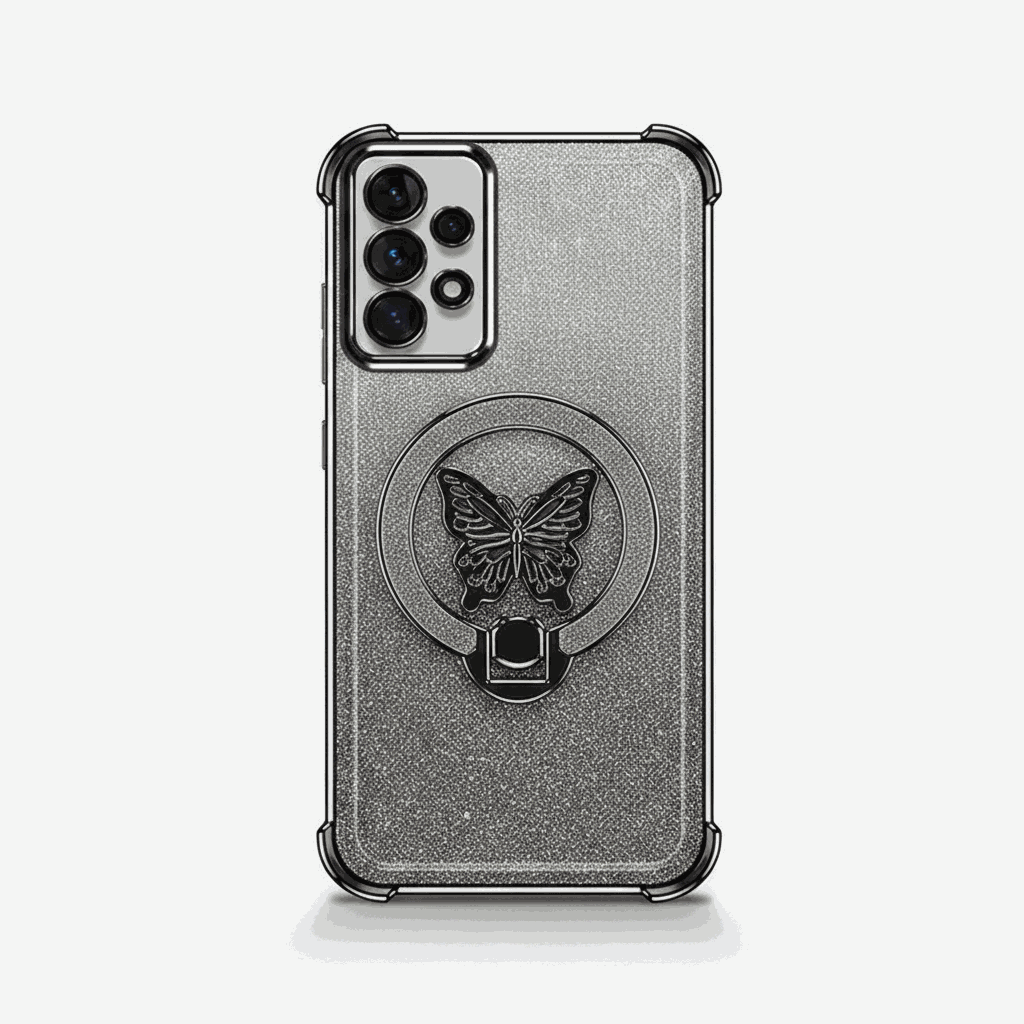 Samsung Galaxy - Glitter Butterfly Case in clear smoky gray with fine glitter, a black butterfly ring stand and reinforced corners