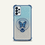Samsung Galaxy - Glitter Butterfly Case in clear silver glitter with a blue butterfly design and circular ring stand