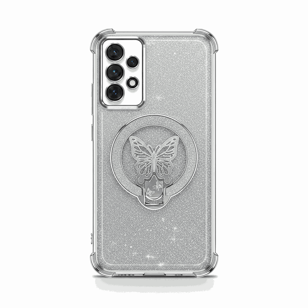 Samsung Galaxy - Glitter Butterfly Case in clear silver glitter with a raised butterfly ring stand and reinforced corners