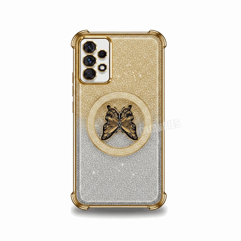 Samsung Galaxy - Glitter Butterfly Case in gold and silver glitter with a black butterfly medallion and gold-trimmed corners