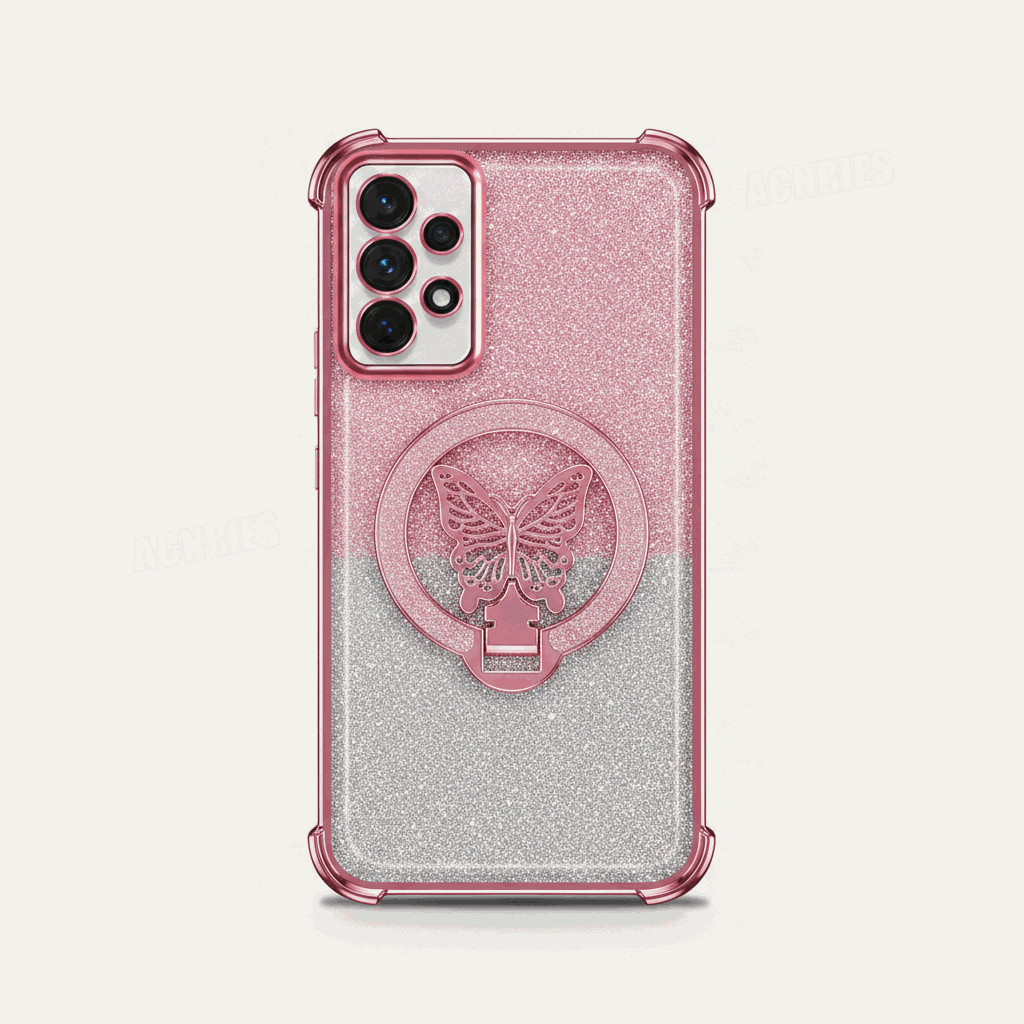 Samsung Galaxy - Glitter Butterfly Case with a sparkling pink and silver transparent back, raised butterfly ring stand and reinforced corners