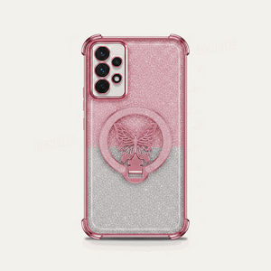 Samsung Galaxy - Glitter Butterfly Case with a sparkling pink and silver transparent back, raised butterfly ring stand and reinforced corners