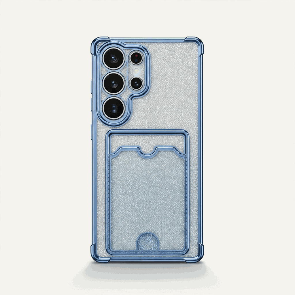 Samsung Galaxy - Glitter Case with a silver glitter finish, blue bumper edges, and an integrated rear card holder.