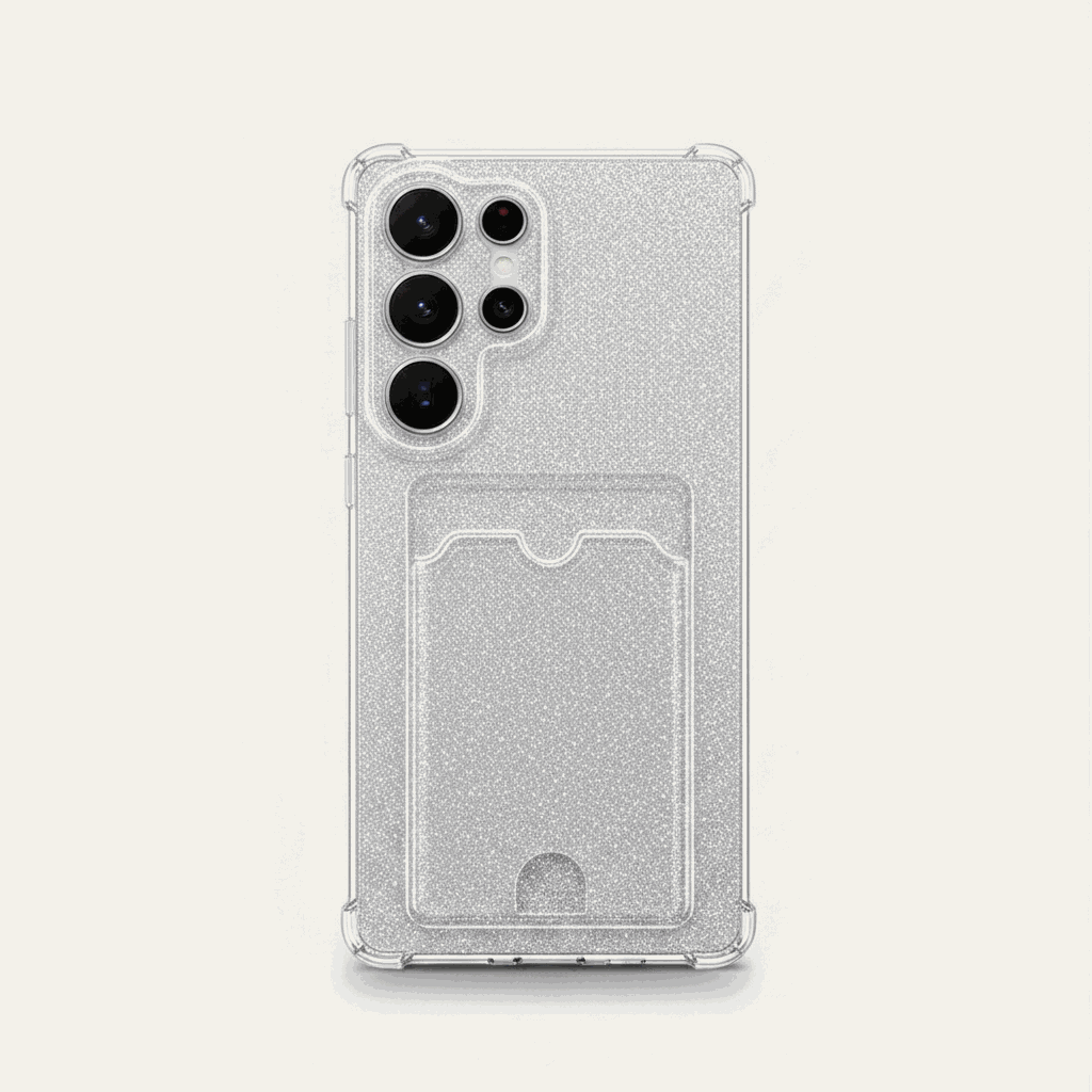 Samsung Galaxy - Glitter Case with a clear silver glitter finish, raised camera surround and rear card holder slot.