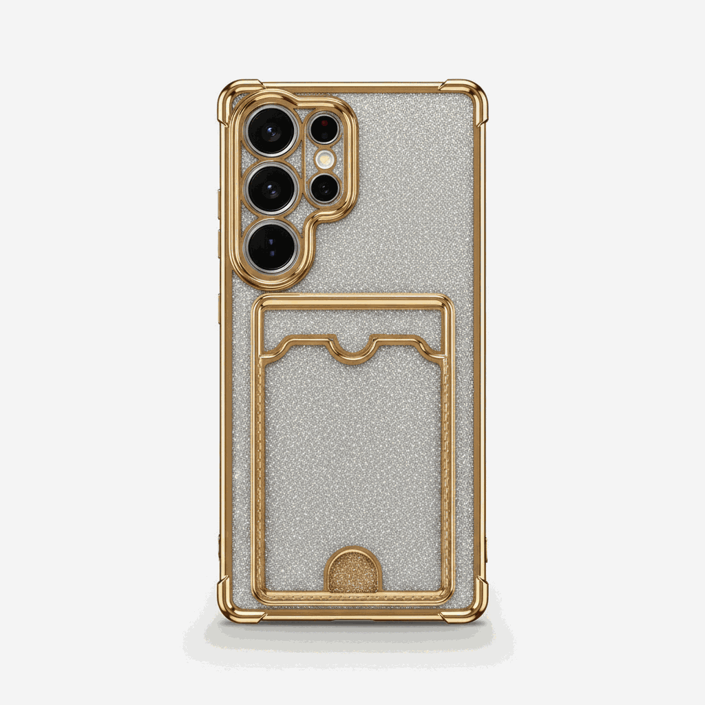 Samsung Galaxy - Glitter Case in silver glitter with gold-toned edges, raised camera guard and integrated rear card holder