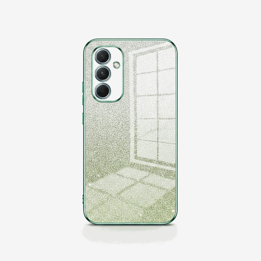 Samsung Galaxy - Glitter Case with a silver glitter back, green edge trim and raised triple-camera bezel