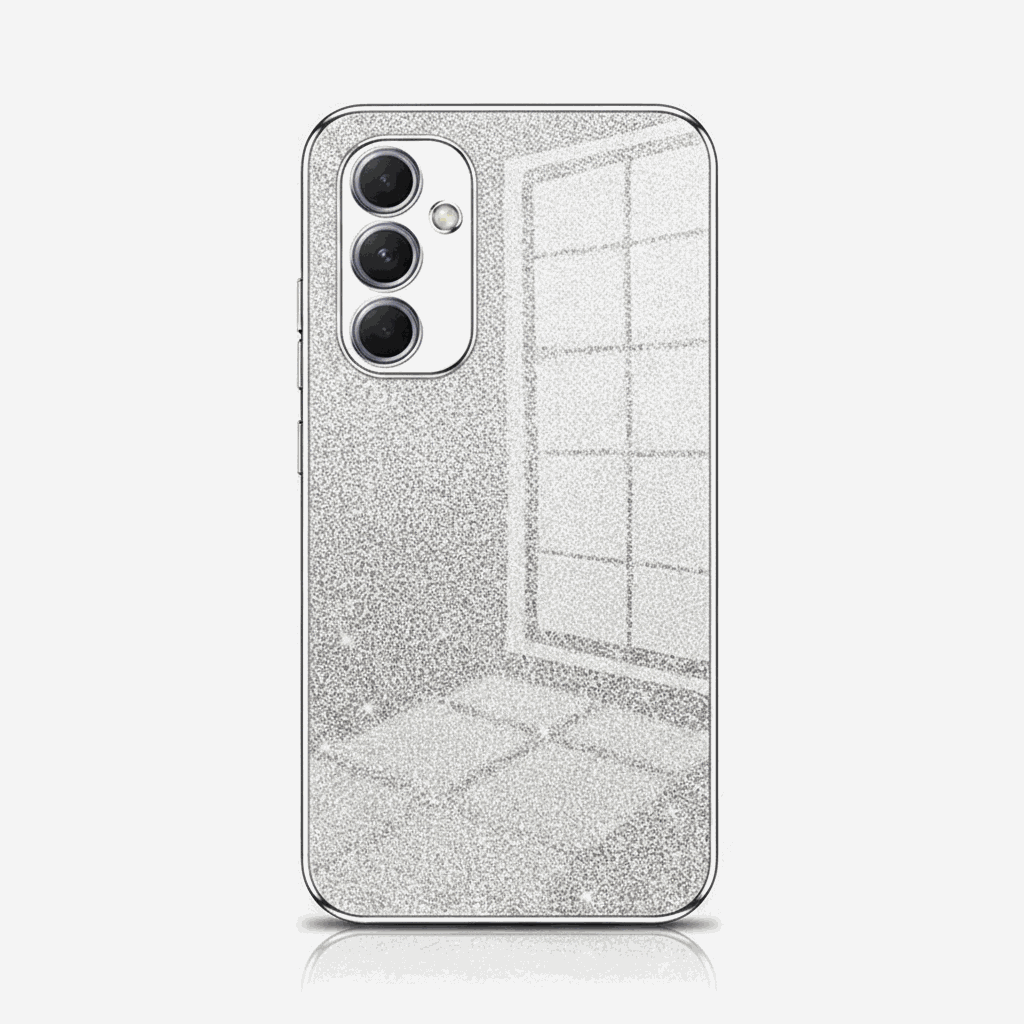 Samsung Galaxy - Glitter Case with a silver glitter finish, clear side edges and a raised triple-camera bezel