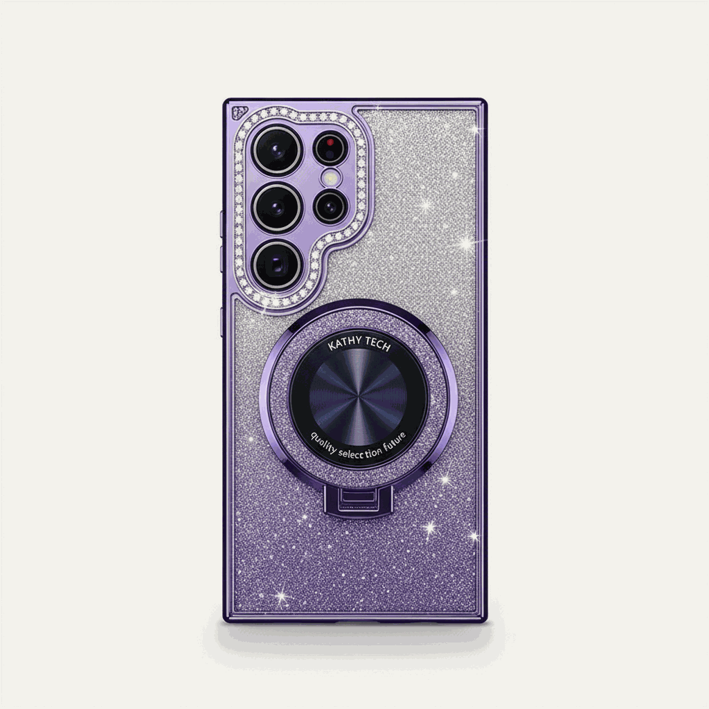 Samsung Galaxy - Glitter MagSafe Case in purple glitter with a raised camera surround and circular magnetic ring stand