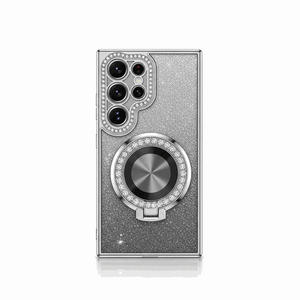 Samsung Galaxy - Glitter MagSafe Case in silver glitter with a jeweled camera surround and magnetic ring stand.