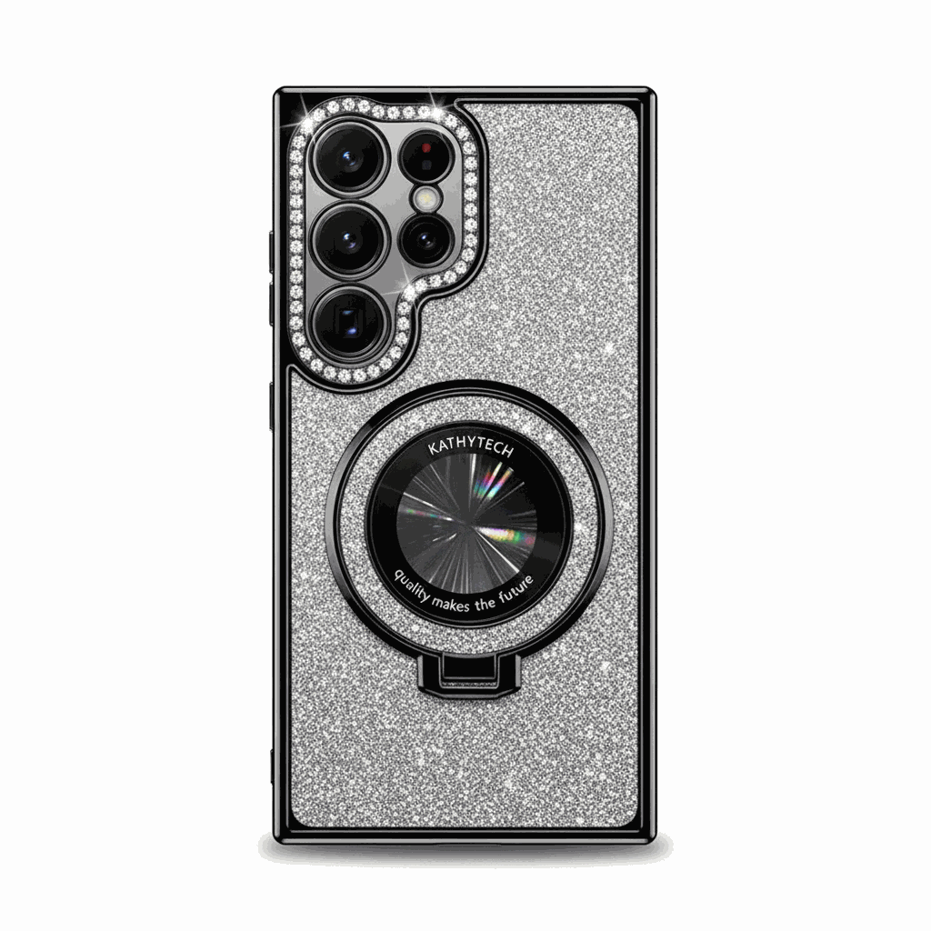 Samsung Galaxy - Glitter MagSafe Case in silver glitter with a black magnetic ring stand and rhinestone-trimmed camera cutouts