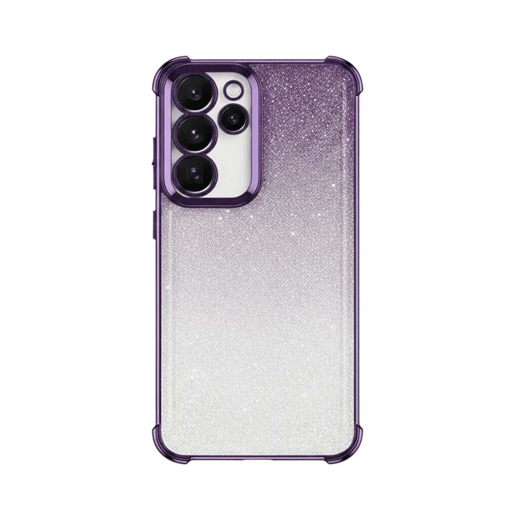 Samsung Galaxy - Glitter Plated Case with a purple-to-silver glitter finish, clear bumper edges, and raised camera protection