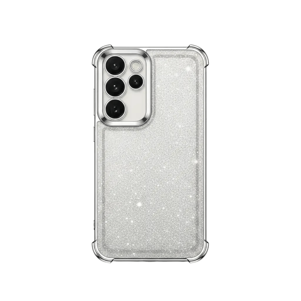 Samsung Galaxy - Glitter Plated Case in silver with a sparkling finish, clear raised camera lens guard, and reinforced bumper edges