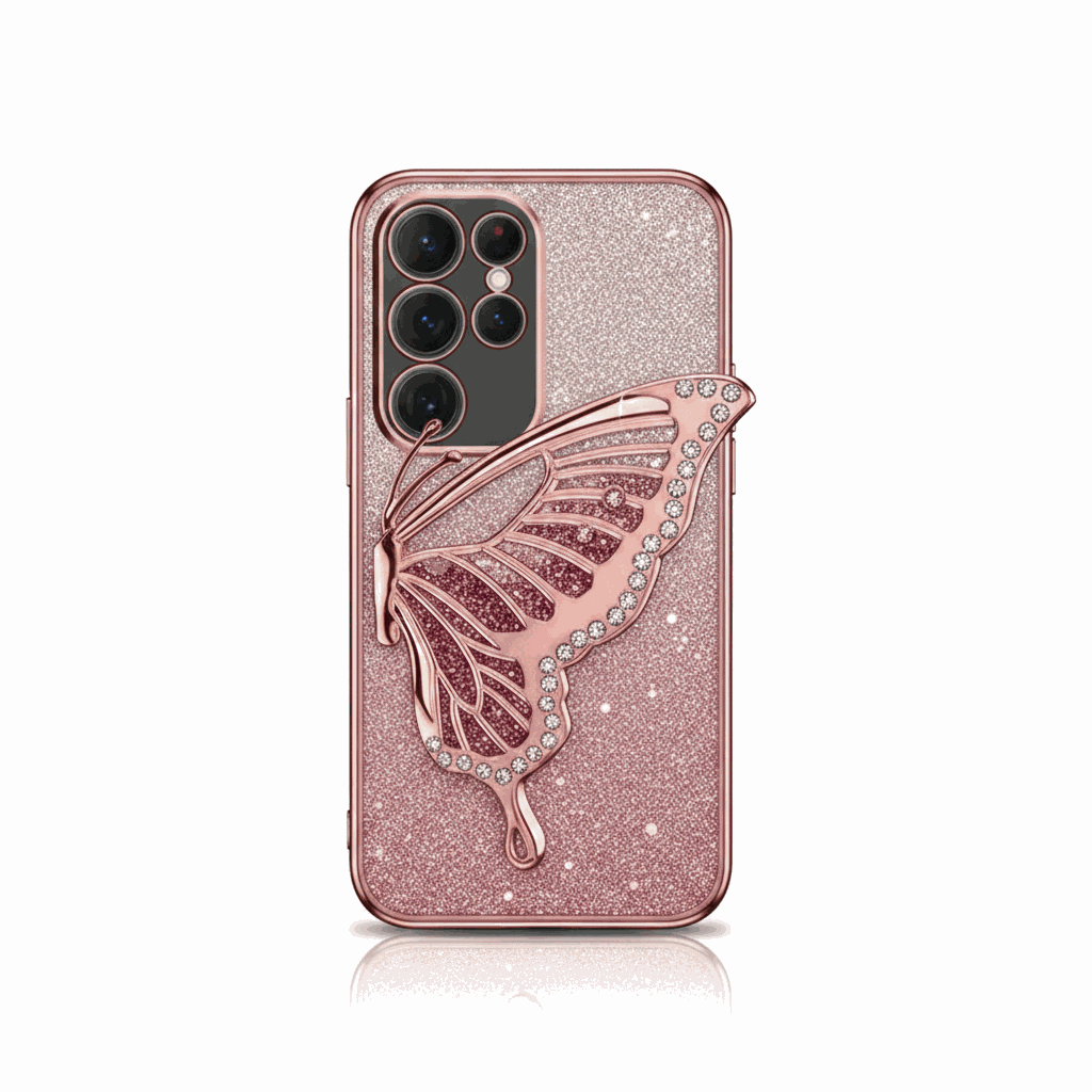 Samsung Galaxy - Glitter Plating Case in rose gold with a sparkling finish and a raised butterfly wing holder.