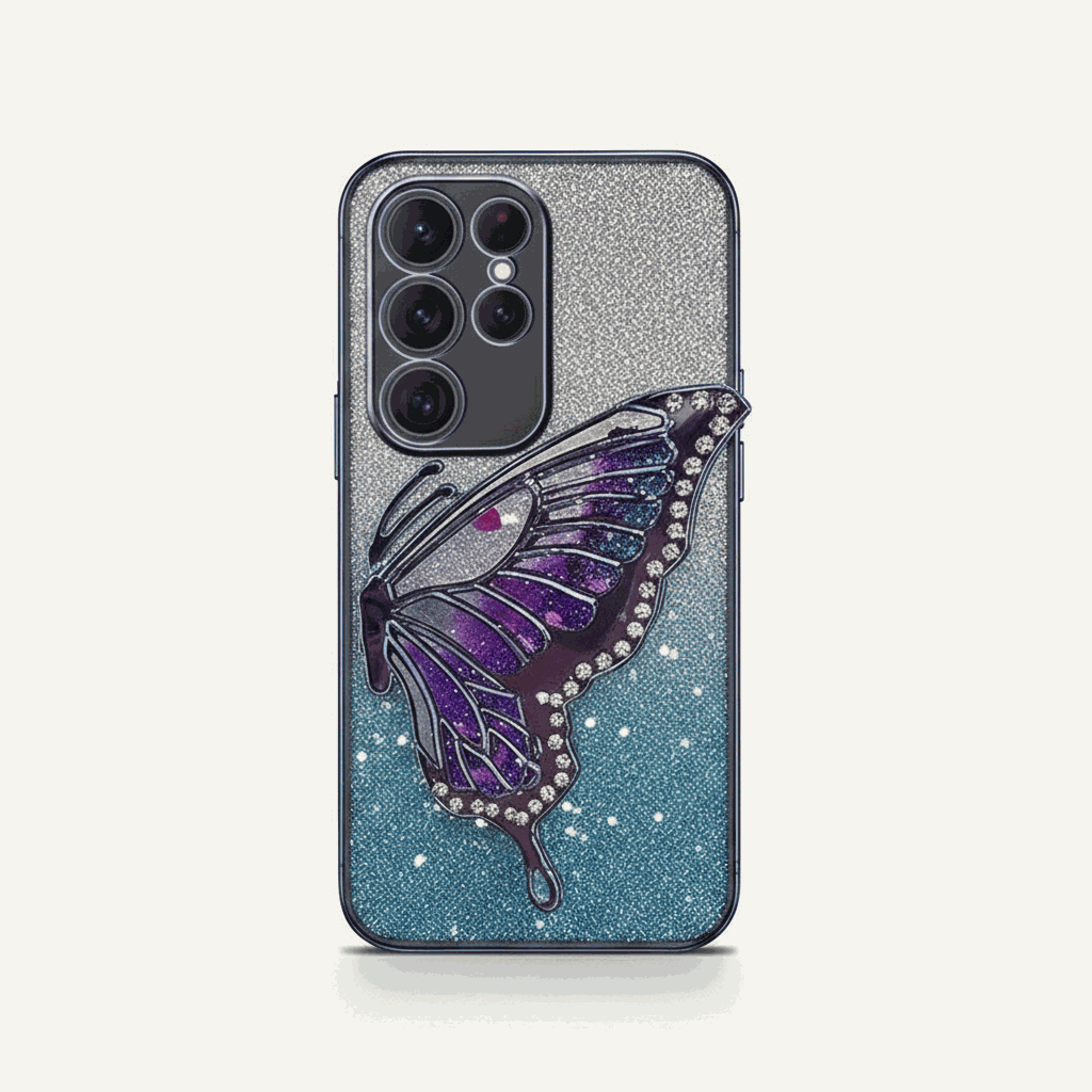 Samsung Galaxy - Glitter Plating Case in silver and blue glitter with a large purple butterfly holder