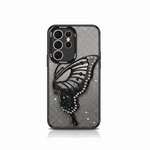 Samsung Galaxy - Glitter Plating Case in silver glitter with a raised black butterfly wing holder and jeweled details