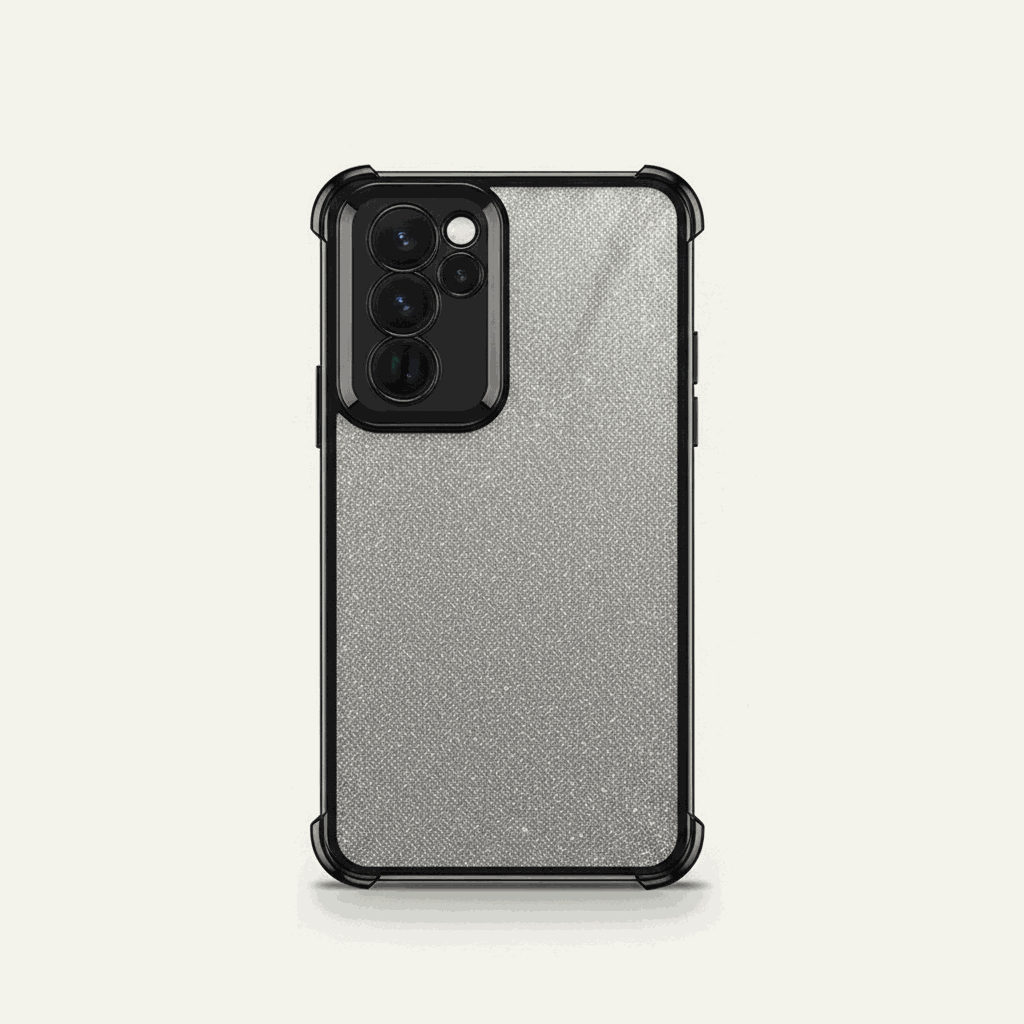 Samsung Galaxy - Glitter Silicone Shockproof Case with a silver glitter back, black silicone bumper and raised camera guard.