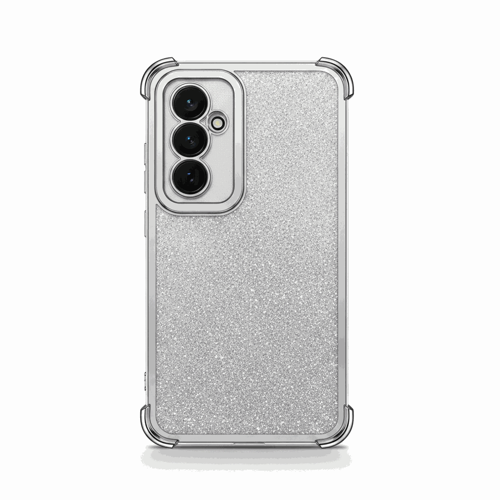 Samsung Galaxy - Glitter Silicone Shockproof Case with a silver glitter back, clear raised edges and reinforced corner bumpers