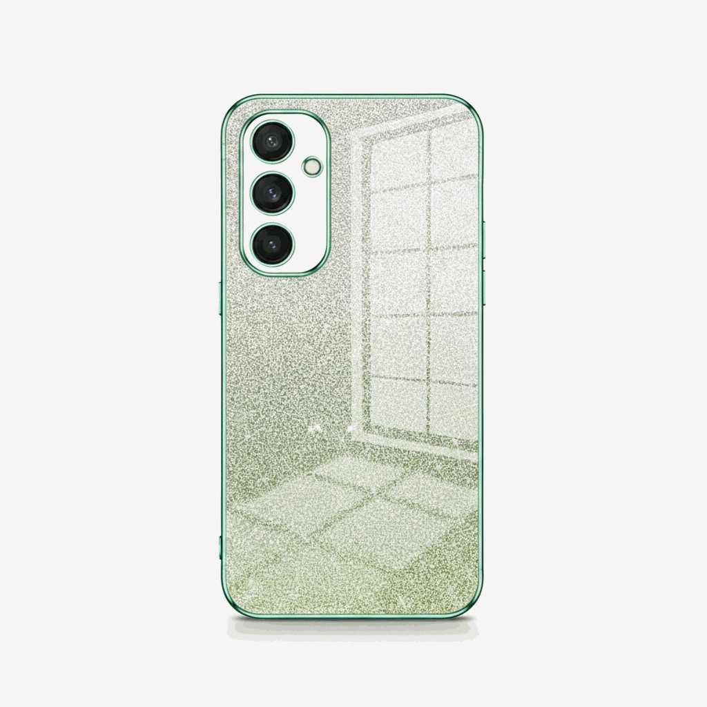 Samsung Galaxy - Gradient Glitter case with a pale silver-green glitter finish, soft silicone back and raised camera cutout