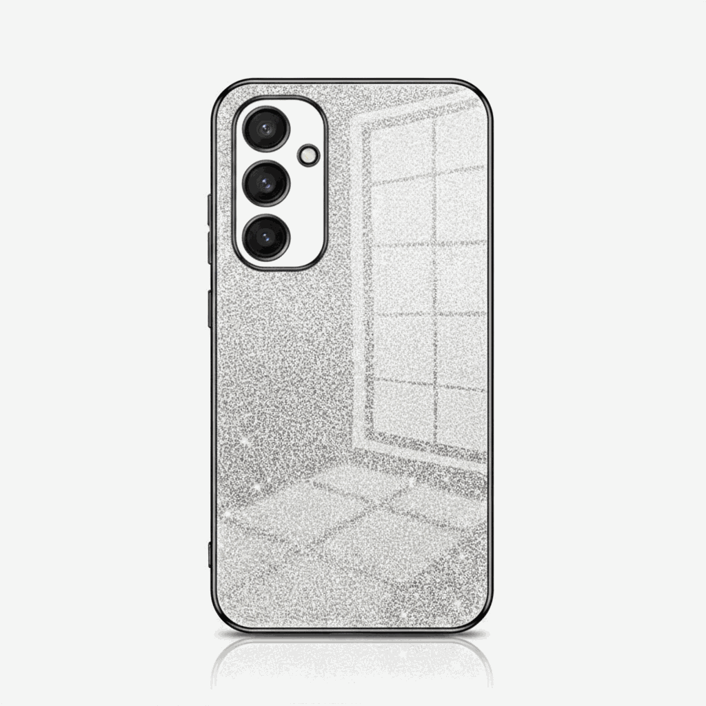 Samsung Galaxy - Gradient Glitter case with a silver glitter finish, soft silicone back and black-edged camera cutout