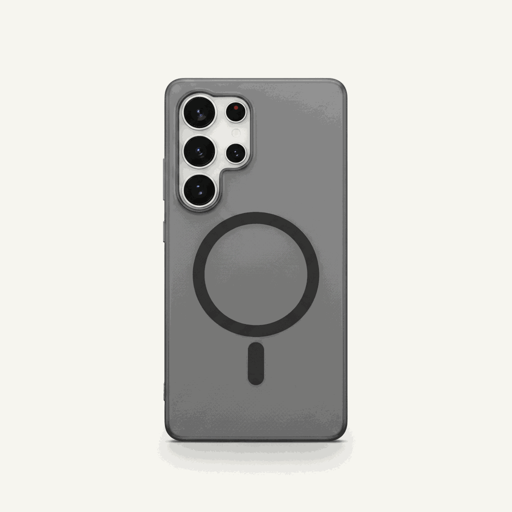 Samsung Galaxy case in smoky gray frosted matte material with a black magnetic ring and raised multi-camera cutout