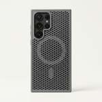 Phone case, Samsung Galaxy - Heat, with a dark gray honeycomb-textured back and raised multi-lens camera border