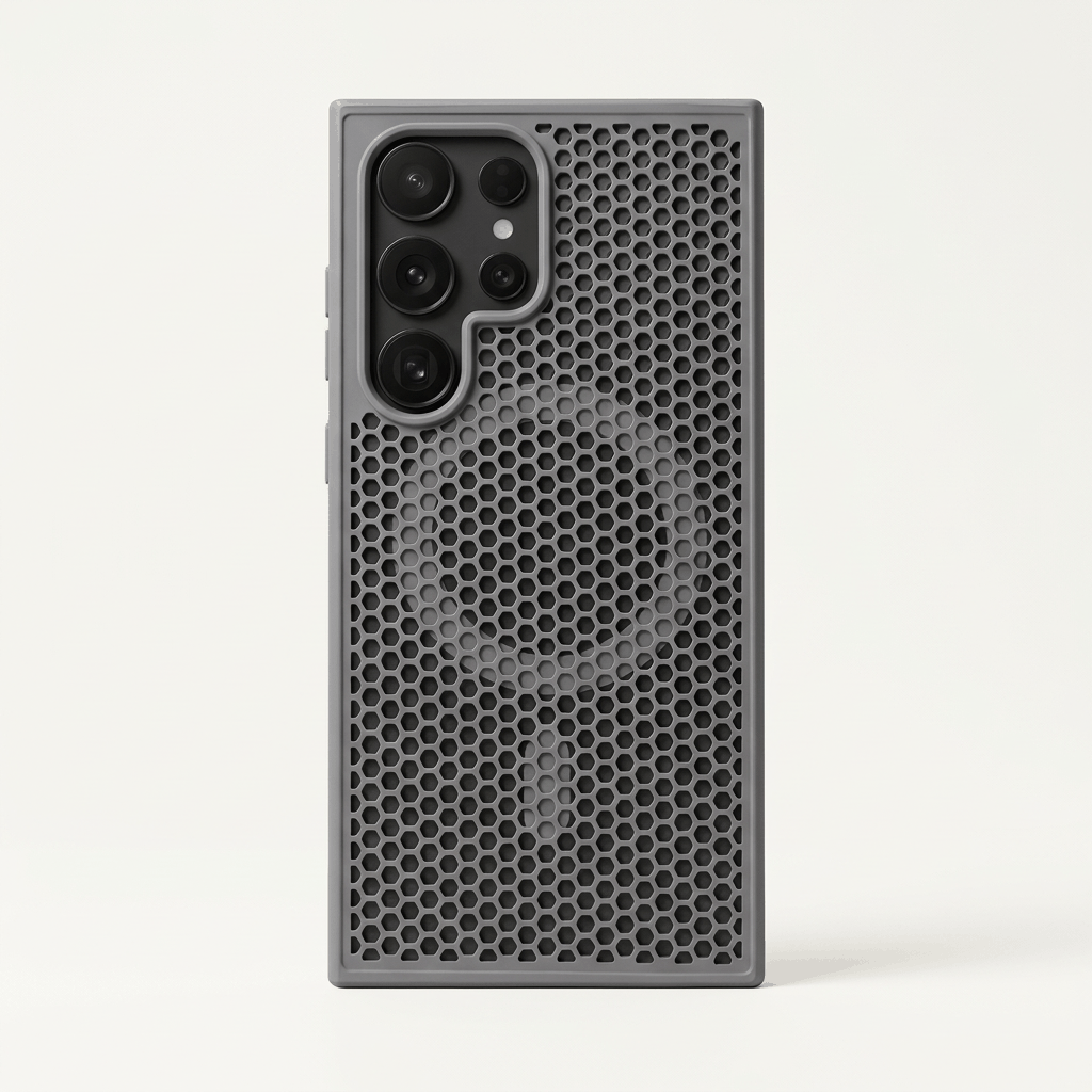 Phone case, Samsung Galaxy - Heat, with a dark gray honeycomb-textured back and raised multi-lens camera border