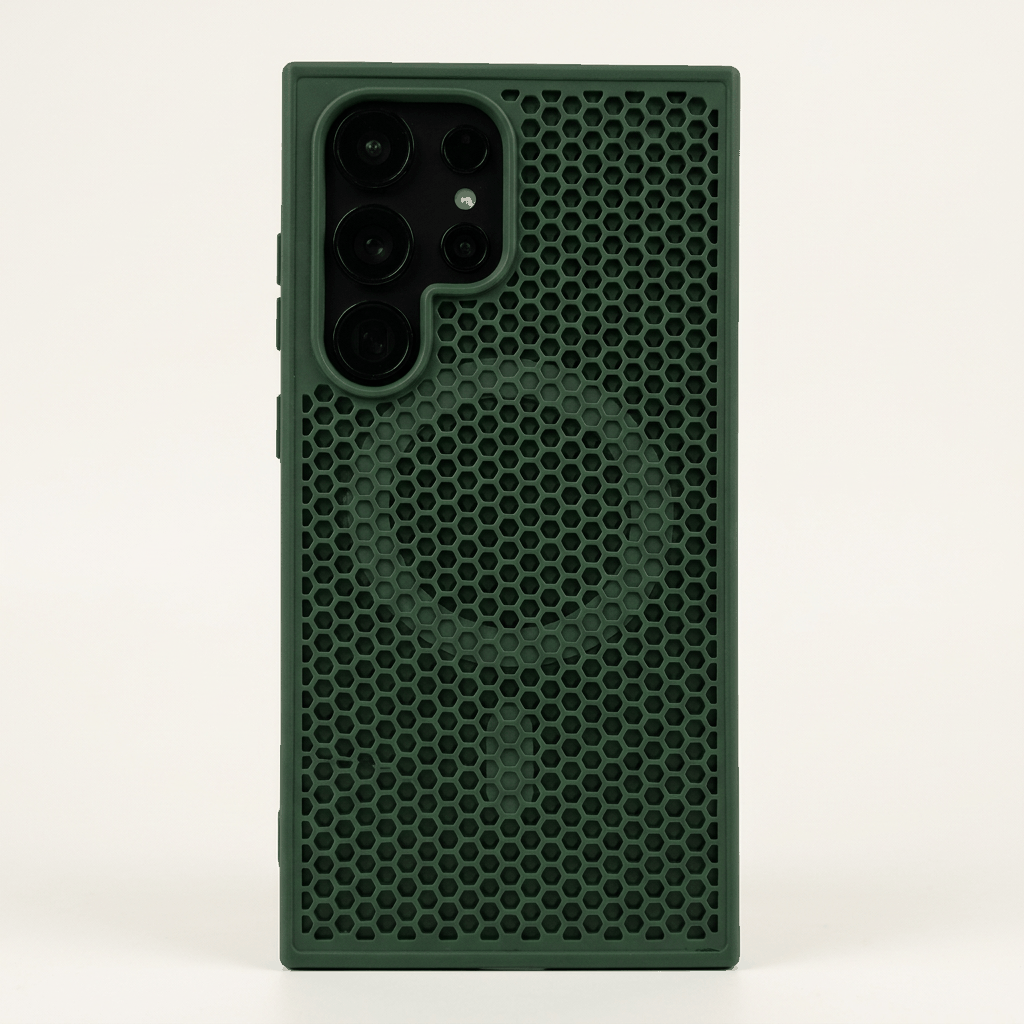 Samsung Galaxy - Heat phone case in dark green with a raised honeycomb texture and a full-coverage camera cutout