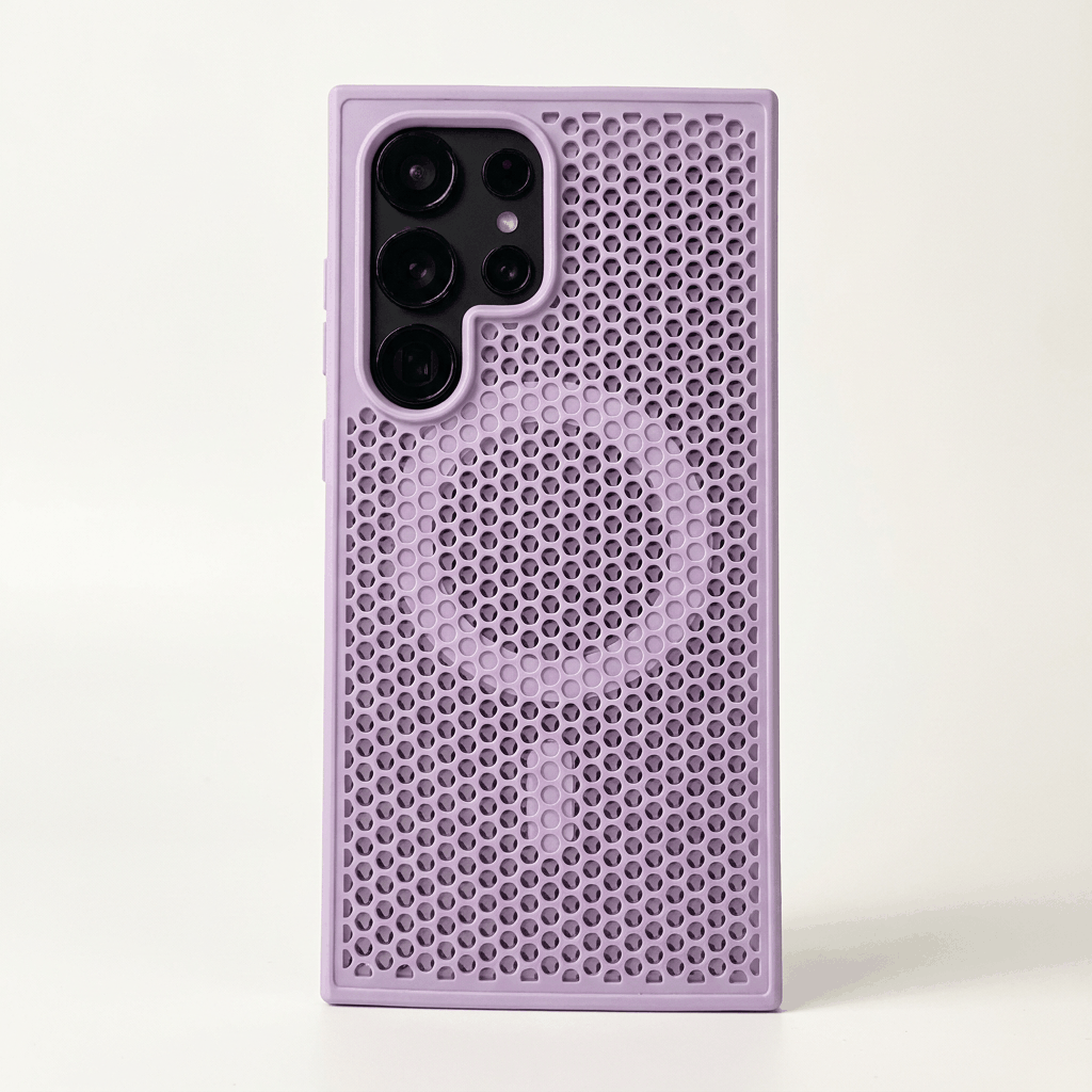 Samsung Galaxy - Heat phone case in pale lavender with a raised honeycomb texture and black multi-lens camera cutout
