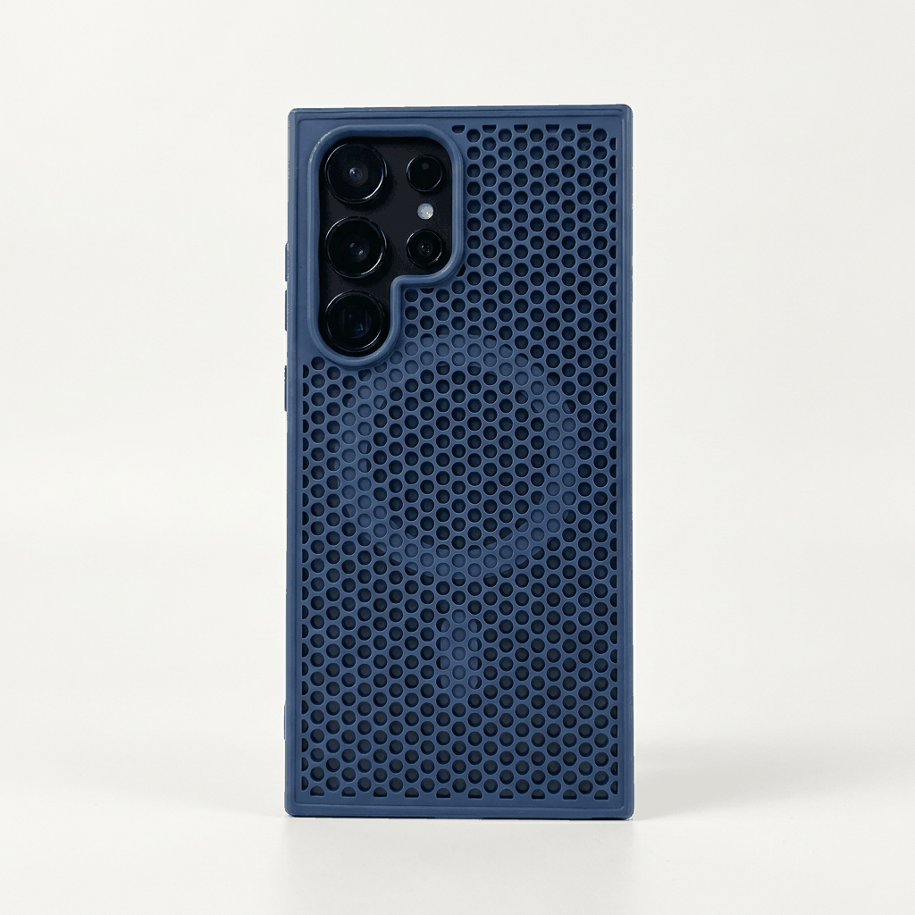 Samsung Galaxy - Heat phone case in navy blue with a raised honeycomb texture and cutouts for multiple rear cameras