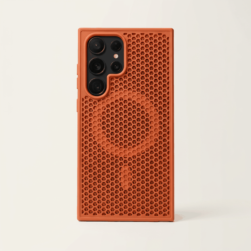 Samsung Galaxy - Heat phone case in burnt orange with a dense honeycomb texture and raised camera surround