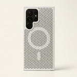 Phone case, Samsung Galaxy - Heat, with a white raised honeycomb texture and black camera openings for a distinctive ventilated look.