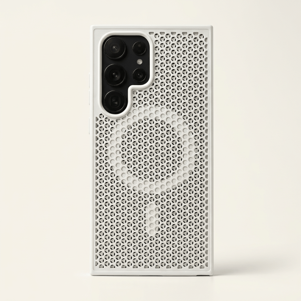 Phone case, Samsung Galaxy - Heat, with a white raised honeycomb texture and black camera openings for a distinctive ventilated look.