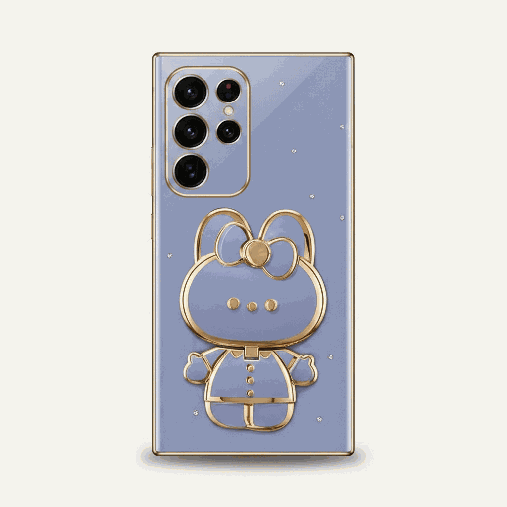 Samsung Galaxy phone case in lavender with gold trim, jeweled accents, and a raised bear character stand