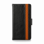 Samsung Galaxy - Leather Look Flip Wallet Case in black textured material with a perforated orange stripe and side clasp