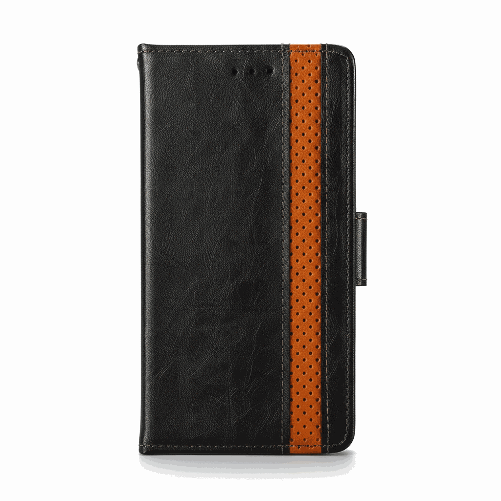 Samsung Galaxy - Leather Look Flip Wallet Case in black textured material with a perforated orange stripe and side clasp