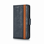 Samsung Galaxy - Leather Look Flip Wallet Case in black textured material with a tan perforated stripe and side buckle