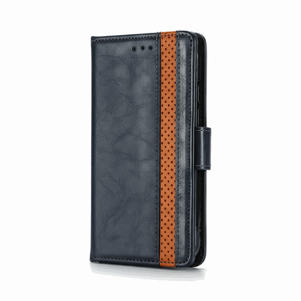 Samsung Galaxy - Leather Look Flip Wallet Case in black textured material with a tan perforated stripe and side buckle