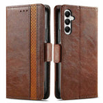 Samsung Galaxy - Leather Look Flip Wallet Case in brown textured faux leather, with stitched edges, buckle strap and camera cutout