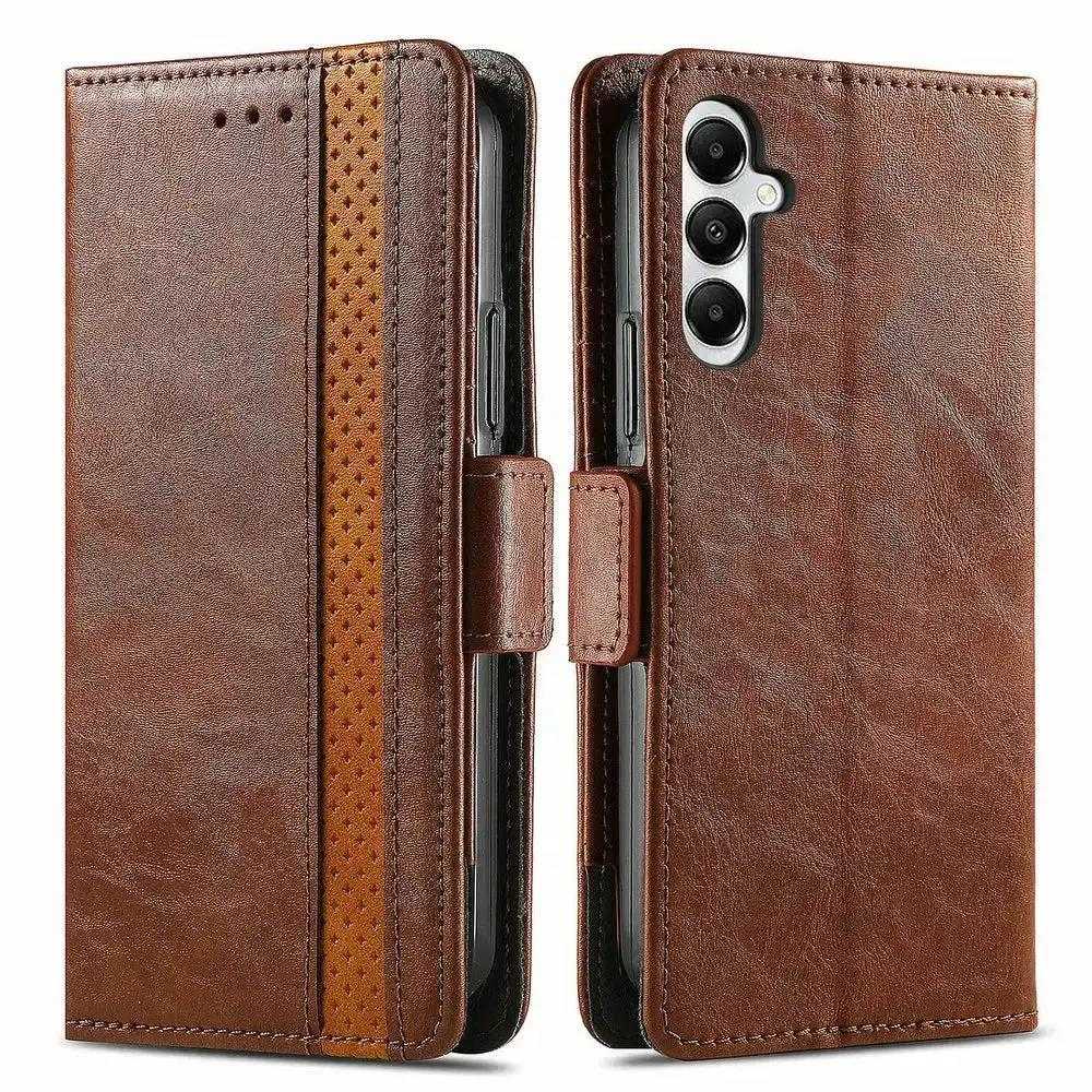 Samsung Galaxy - Leather Look Flip Wallet Case in brown textured faux leather, with stitched edges, buckle strap and camera cutout