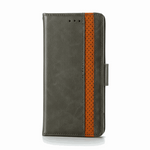 Samsung Galaxy - Leather Look Flip Wallet Case in dark grey textured material with an orange perforated stripe and side buckle