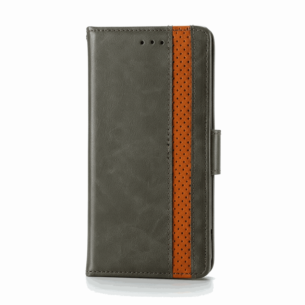 Samsung Galaxy - Leather Look Flip Wallet Case in dark grey textured material with an orange perforated stripe and side buckle