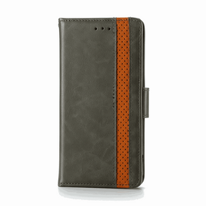 Samsung Galaxy - Leather Look Flip Wallet Case in dark grey textured material with an orange perforated stripe and side buckle