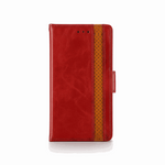 Samsung Galaxy - Leather Look Flip Wallet Case in red textured leather with a tan perforated accent stripe and buckle
