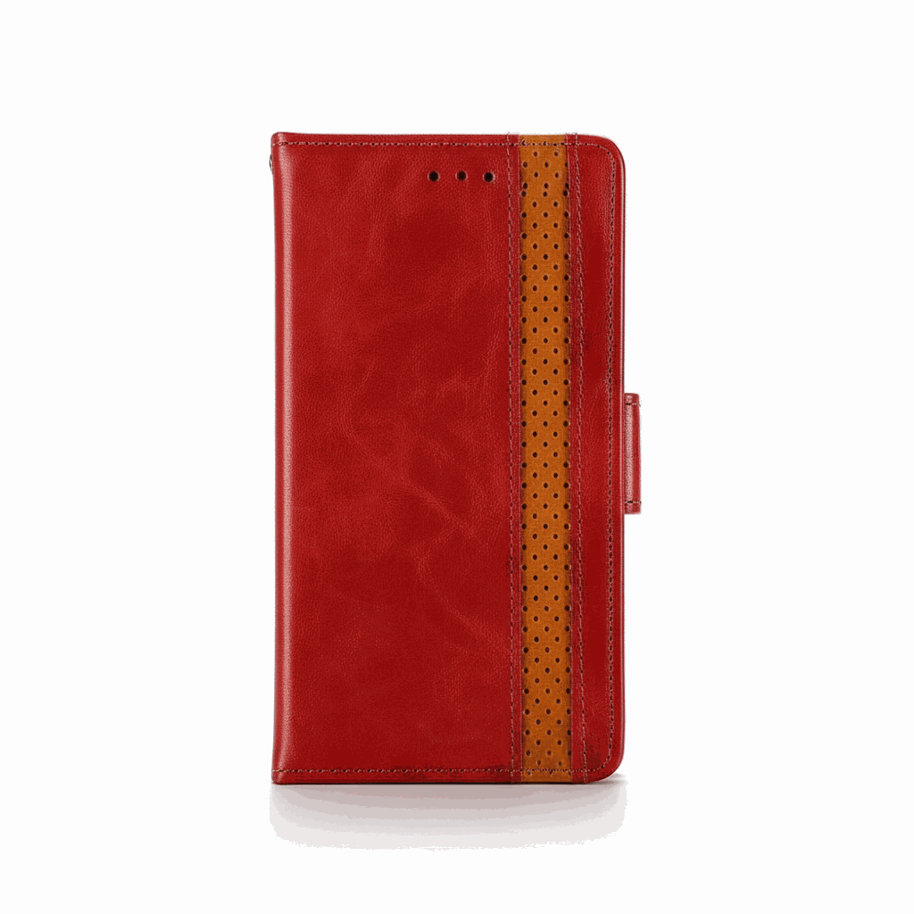Samsung Galaxy - Leather Look Flip Wallet Case in red textured leather with a tan perforated accent stripe and buckle