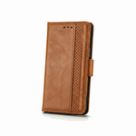 Samsung Galaxy - Leather Look Flip Wallet Case in tan brown with smooth and perforated textured panels and a side strap closure