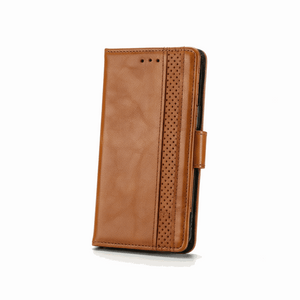 Samsung Galaxy - Leather Look Flip Wallet Case in tan brown with smooth and perforated textured panels and a side strap closure